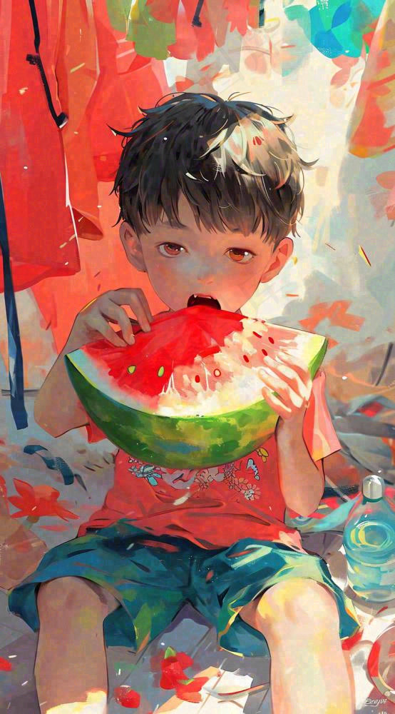 夏日清凉阳光男孩吃西瓜油画手绘插画，儿童节夏至大暑小暑(816x1472)