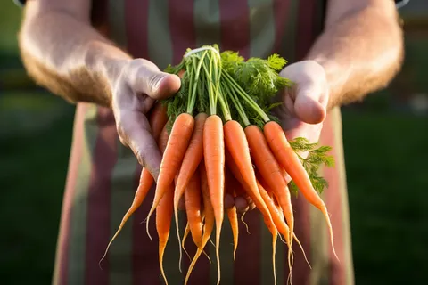 农夫手捧着一把胡萝卜摄影图