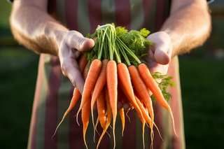 农夫手捧着一把胡萝卜摄影图