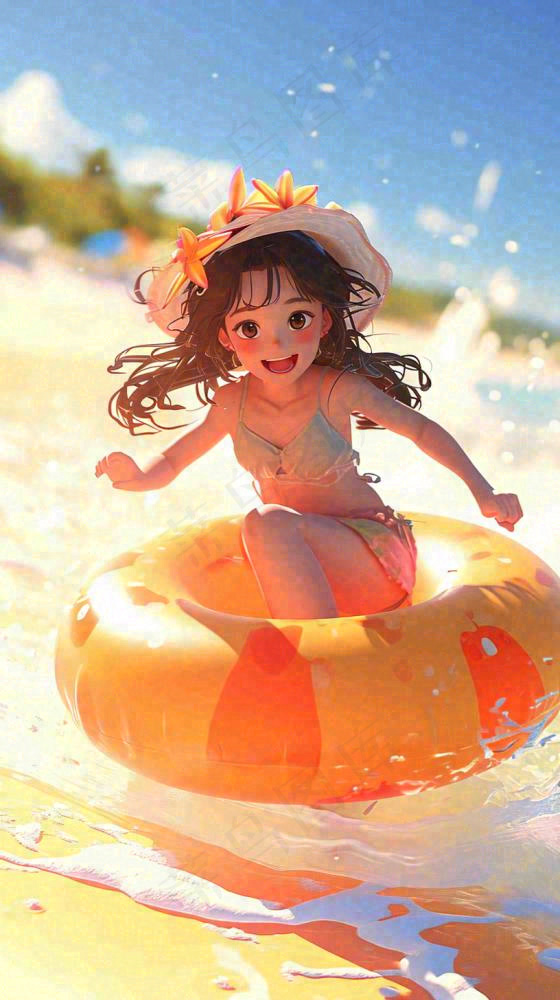 夏日阳光沙滩度假比基尼泳衣游玩旅行游泳插画，大暑小暑暑期(816x1456)