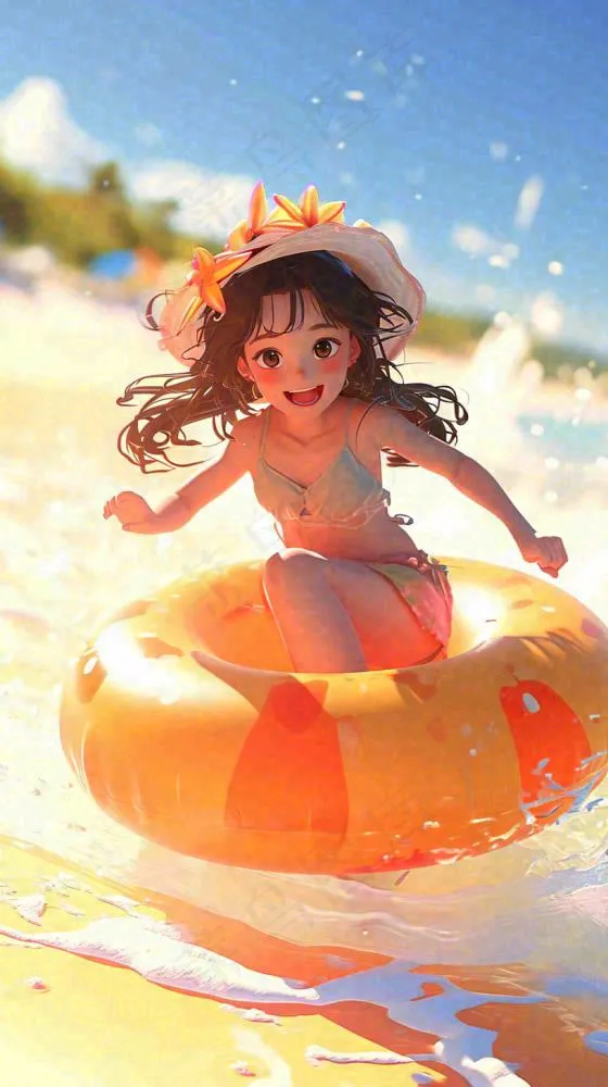 夏日阳光沙滩度假比基尼泳衣游玩旅行游泳插画，大暑小暑暑期(816x1456)