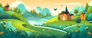 春夏森林山坡草地花草鸟绿植风景插画海报素材背景