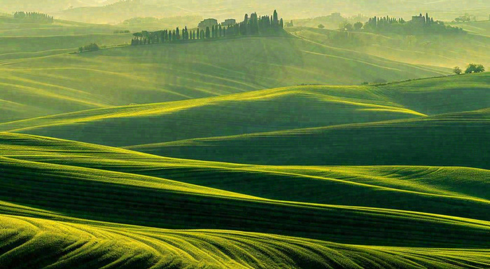 春日阳光下绿色连绵山脉草坪