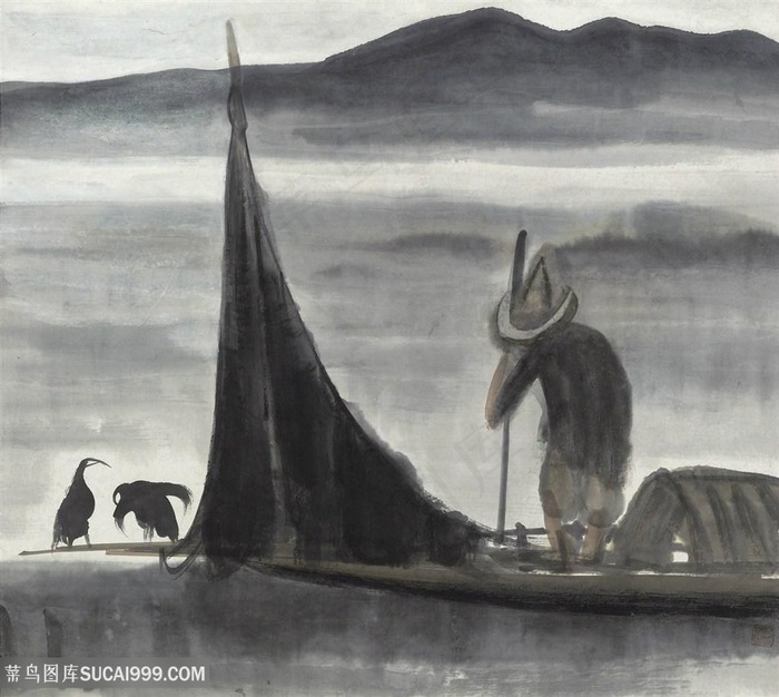 林风眠手绘水墨湖畔木船风景画