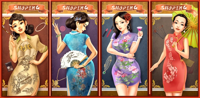 复古旗袍美女购物插画psd模版下载