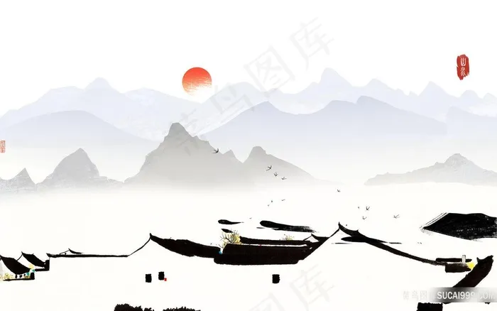 水墨山脉建筑房子装饰画