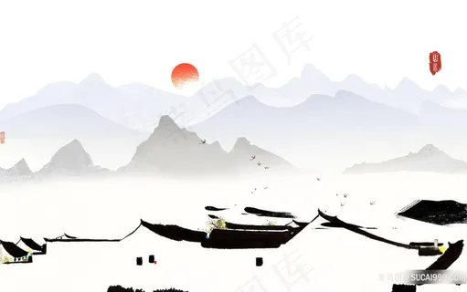 水墨山脉建筑房子装饰画