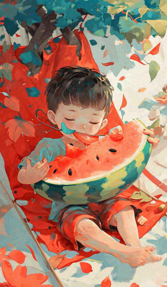 夏日清凉阳光男孩吃西瓜油画手绘插画，儿童节夏至大暑小暑(816x1400)