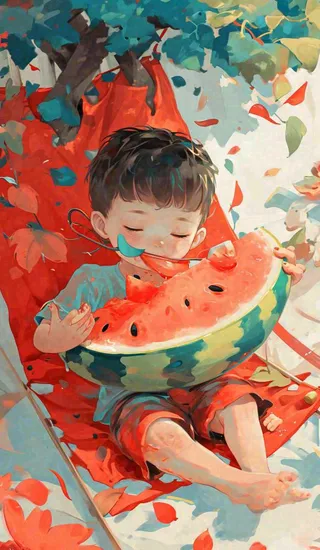 夏日清凉阳光男孩吃西瓜油画手绘插画，儿童节夏至大暑小暑