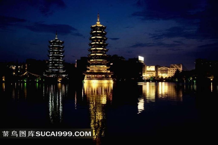 桂林两江四湖日月塔唯美夜景摄影素材