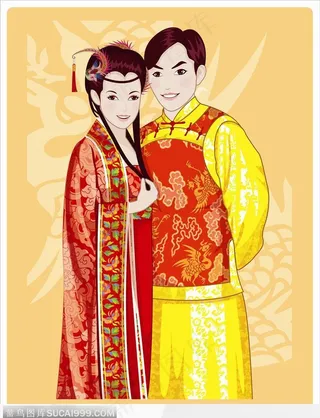 古典花纹背景-恩爱的夫妻唐装和古装