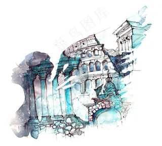 欧式古建筑水彩造型高清图片