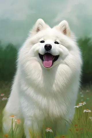 白色萨摩耶宠物狗在草坪花丛玩耍开心摄影图