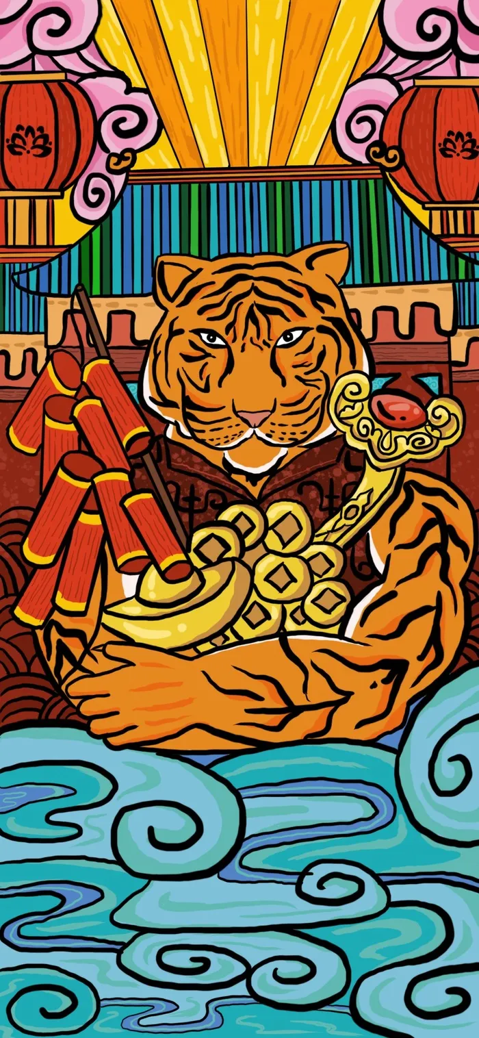 虎年中国风萌虎插画psd模版下载