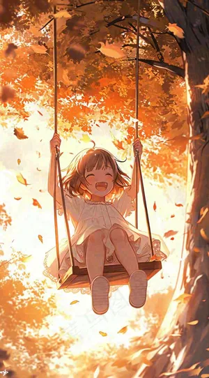 秋天秋叶少女儿童荡秋千玩耍，可爱手绘插画