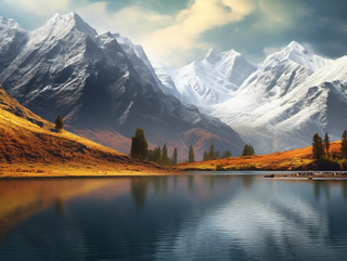 秋天雪山下的湖泊摄影图 