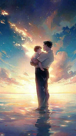 父爱父亲节海边落日温馨爱意浪漫插画