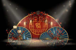 红蓝色中式传统婚礼迎宾区效果图