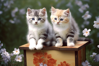 两只可爱的猫咪趴着花丛木箱上摄影图