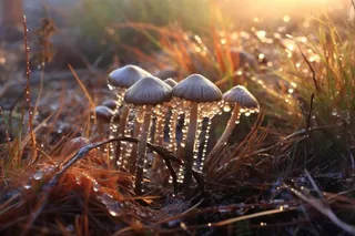 草原蘑菇清晨露珠阳光朝阳摄影海报素材背景