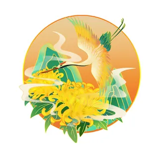 中国风国潮仙鹤山水插画手绘元素场景PSD设计素材