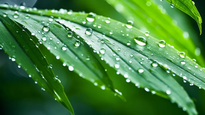 绿色叶子上的水珠摄影图
