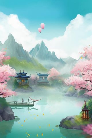 浪漫古风山水风景插画背景