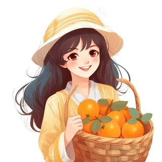 抱着一篮橘子的少女卡通插画免抠