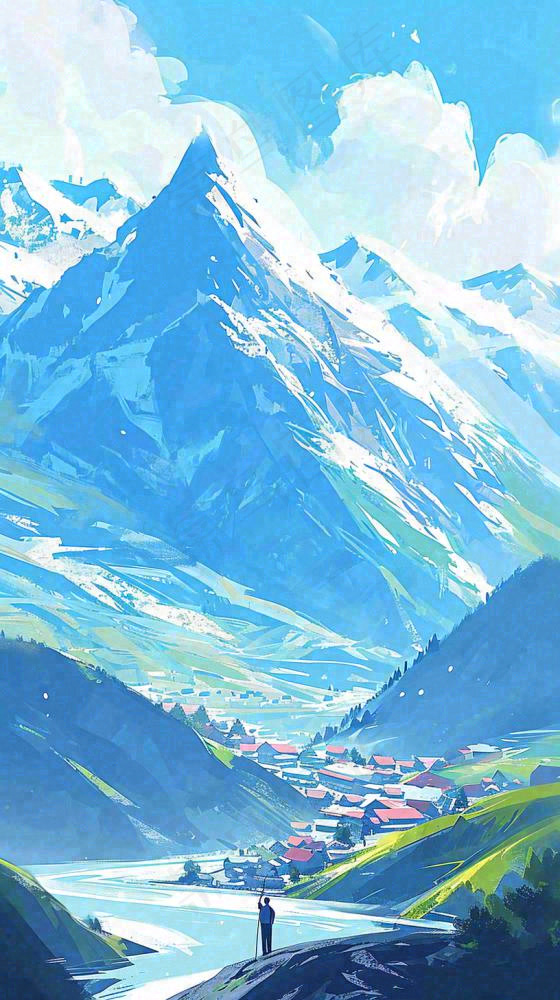 蓝天白云连绵山脉小溪河流小屋，阳光晴天(816x1456)