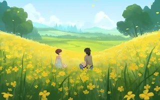 蓝天白云草坪草原人物黄色花朵手绘插画海报素材背景