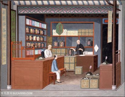 古代花草茶集市贸易场景绘画图片