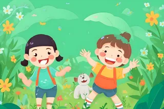 儿童躺着绿色草地上花草海报插画素材背景