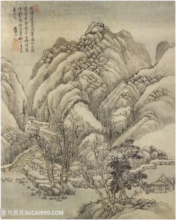 清代巨然仿古画册高山溪径国画图片
