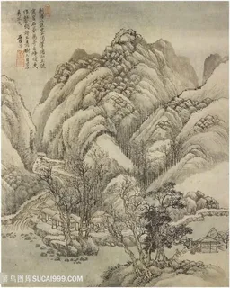 清代巨然仿古画册高山溪径国画图片 清代巨然仿古画册高山溪径国画图片