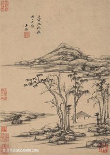 明代王鉴仿古山水册页古木寒水图国画图片
