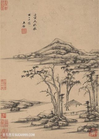 明代王鉴仿古山水册页古木寒水图国画图片