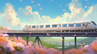 火车列车行驶在高架桥上飘起的粉色花瓣卡通插画