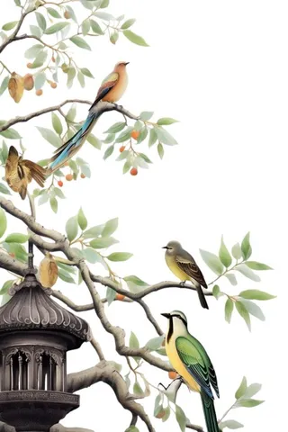 简约大气国风鸟树枝免扣