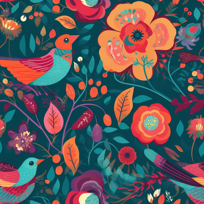 花鸟图，插画风格，无缝贴图，素材