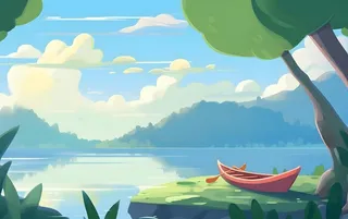 湖中泛舟山森林绿叶花风景插画海报素材背景