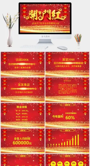 红灯笼动态企业开门红年会总结誓师大会PPT模板预览图