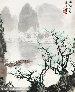白雪石湖畔山脉水墨风景画