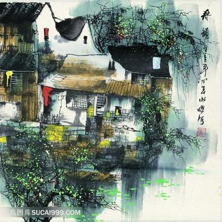 工笔画水乡唯美风景画