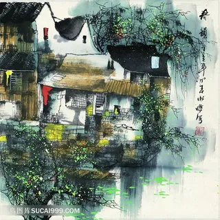 工笔画水乡唯美风景画