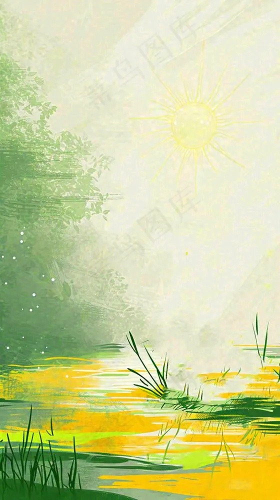 夏日森林丛林阳光绿色河面草丛树木手绘插画，夏至小暑大暑(816x1456)