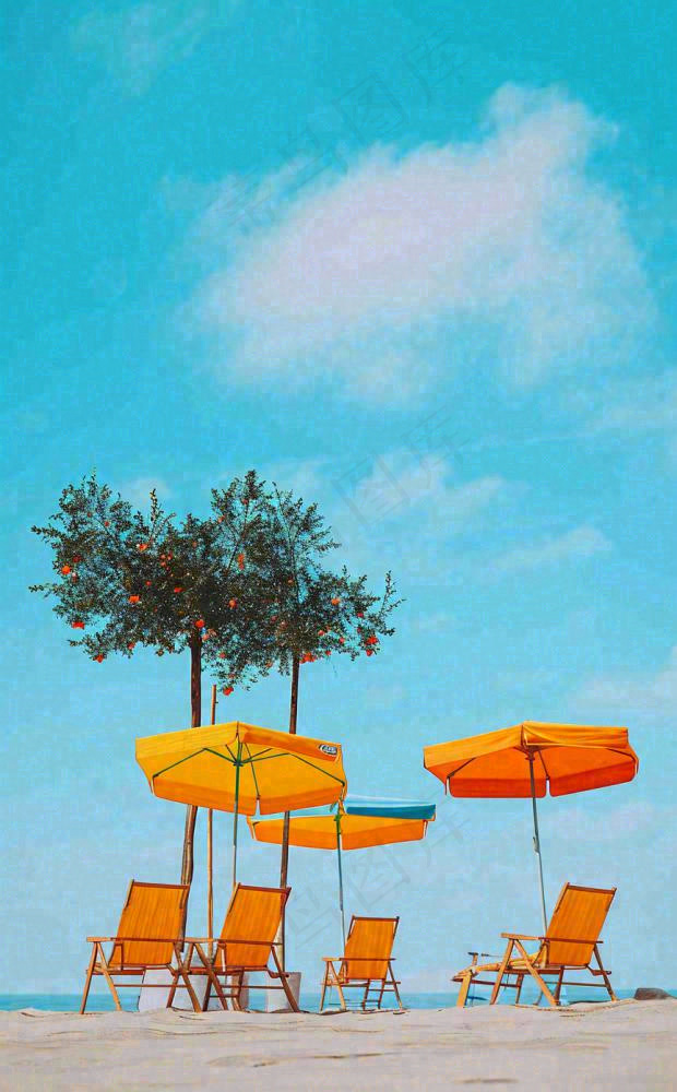 夏日沙滩椅阳光灿烂，夏季暑期海边小暑大暑夏至(864x1392)