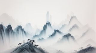 大气写意中国传统水墨画山水插画壁纸-峰