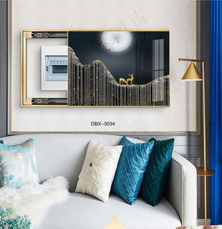 大气时尚家居室内装饰场景客厅沙发卧室床铺电表箱壁画金鹿月夜
