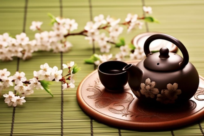 茶壶杯子梨花绿色背景(1344x896)