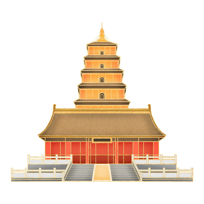 复古中国风国潮古建筑插画手绘高楼古塔PSD素材亭子png免抠图